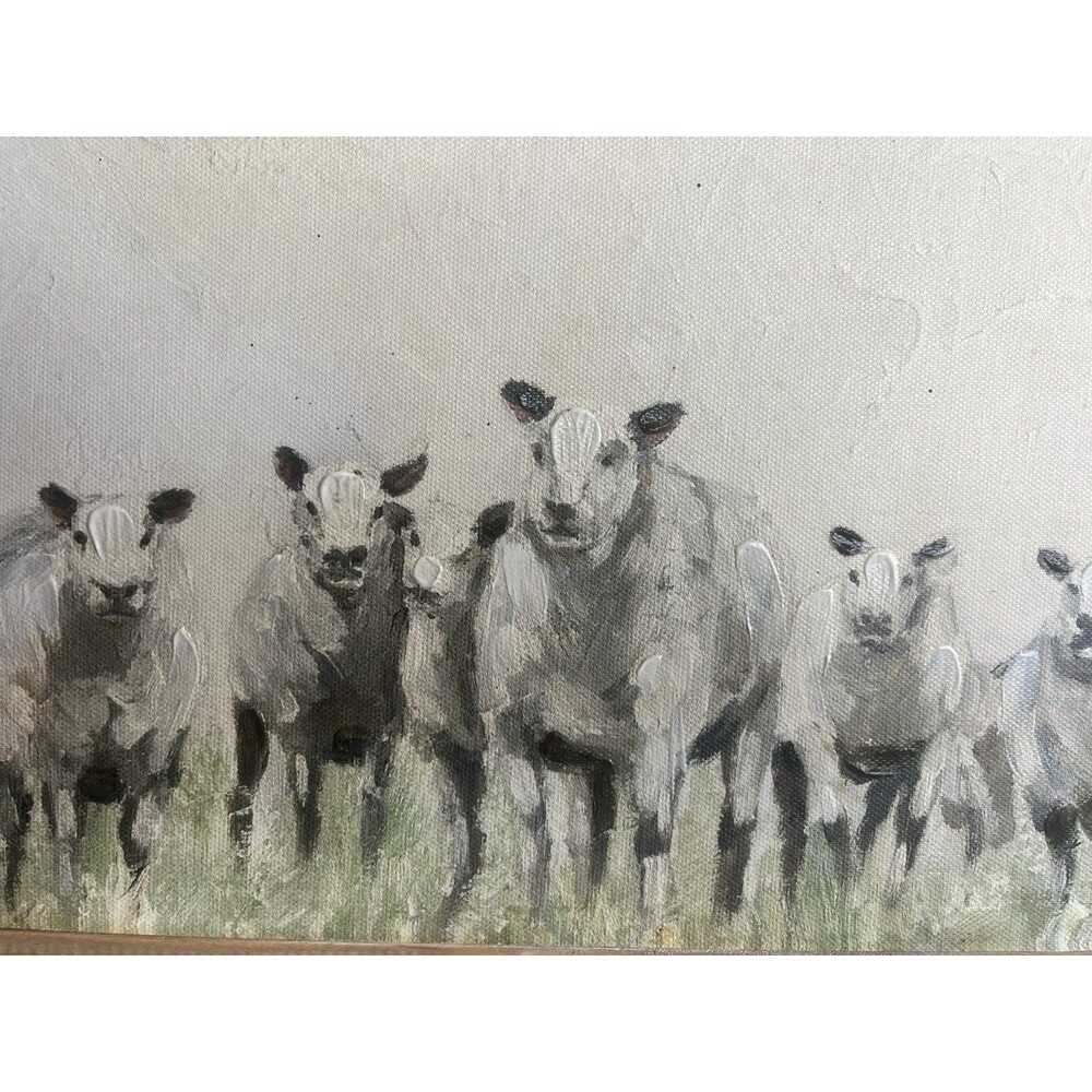 Farmhouse Herd Of Sheep In A Meadow (2 Sided) Framed Painting 14” x 8” / Country - Picture 5 of 7